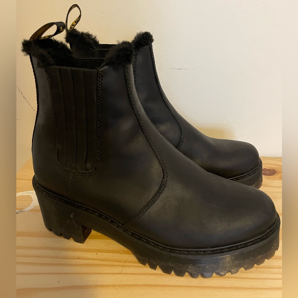 Dr. Martens Black Leather Fur-Trim Chelsea Booties